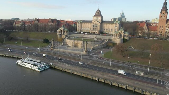 Famous place in Szczecin, Poland. Chrobry's Shafts. Amazing building on a sunny day, drone shot.
