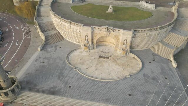 Famous place in Szczecin, Poland. Chrobry's Shafts. Amazing building on a sunny day, drone shot.