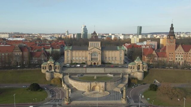 Famous place in Szczecin, Poland. Chrobry's Shafts. Amazing building on a sunny day, drone shot.
