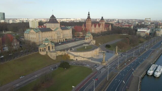 Famous place in Szczecin, Poland. Chrobry's Shafts. Amazing building on a sunny day, drone shot.