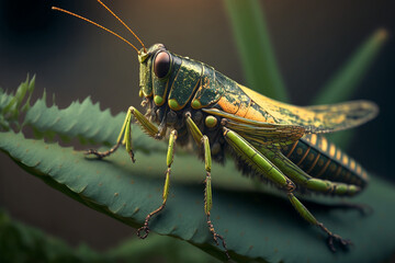 An extremely sharp and detailed portrait of grasshopper macro. Generative AI. Detailed grasshopper. The best picture of a grasshopper.