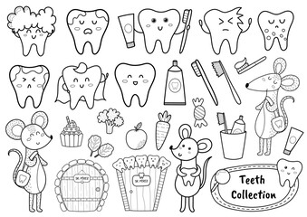 Black and white teeth collection with cute characters. Line art dentist set with toothpaste, toothbrush and food. Funny rat carrying a tooth. Vector illustration