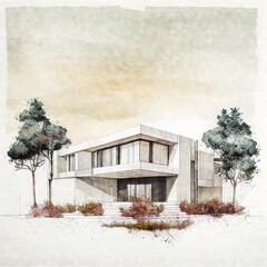 watercolored sketch of a modern minimalist house on watercolor paper, Generative AI