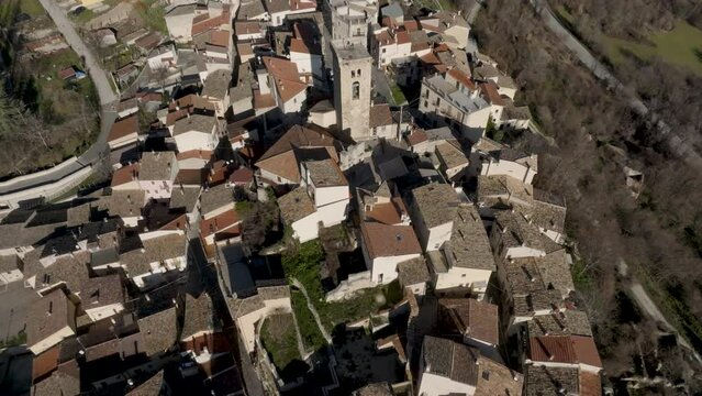 Cocullo, Italy skyline drone video pull back.