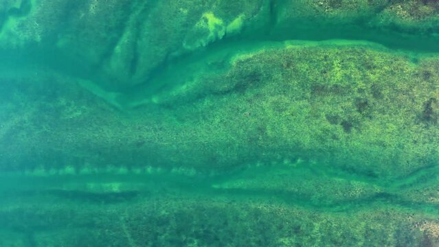 Aerial drone view of lake and the textures of the earth below the water. Green and blue colors of water. 