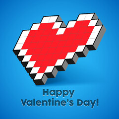 Happy Valentine's Day Banner Pixel Art 3D Red Heart On Blue Background. Postcard, Love Message or Greeting Card. Template, Illustration Ready For Your Design, Advertising. Vector. - 560746418