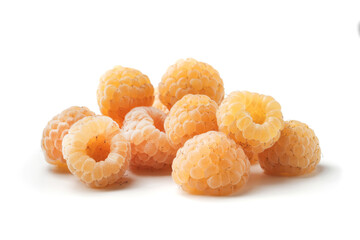 Fresh ripe yellow raspberries on a white background. Yellow raspberries, Berry harvest, Ripe delicious raspberries for desserts. Isolated yellow raspberry for design work.