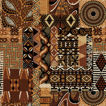 Traditional African fabric patchwork wallpaper vintage abstract vector seamless pattern