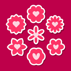 Set of pink flower stickers. Different romantic vector flowers icons for stickers, labels, and valentines day
