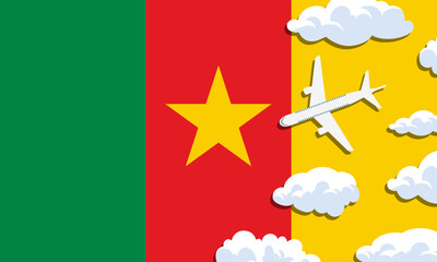 Cameroon travel concept. Airplane with clouds on the background of the flag of Cameroon. Vector illustration
