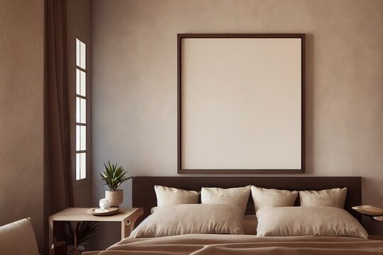 Luxury Bedroom Interior with Photo Frame Mockup Desert Inspired Linen Made with Generative AI
