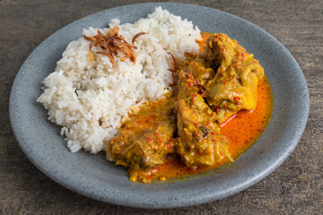 tasty chicken curry food with steam rice and fried shallot on top on a plate