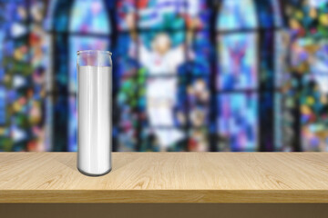 Glass classic white wax candle mockup on religious church background