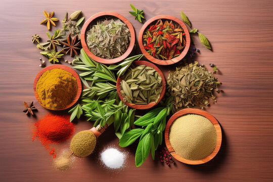 Various fragrant spices and herbs. On a wooden background.
