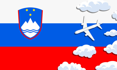 Slovenia travel concept. Airplane with clouds on the background of the flag of Slovenia. Vector illustration
