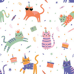 Birthday party background with cute cats. Seamless funny pattern with cats, gift box, cake and birthday caps. Hand draw cute cats in doodle style. For textiles, clothing, bed linen, office supplies.