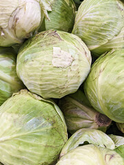 Lots of cabbage heads, top view, vertical