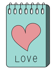 Notepad for love notes. On the cover is a pink heart and the inscription love. Closed Color vector illustration. Cartoon style. Personal diary for cute thoughts. Notebook on a spring. 