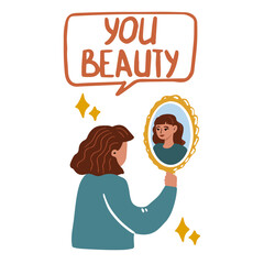 The woman looks at herself in the mirror. A woman who is satisfied and loves herself. Healthy self-awareness, self-esteem illustration.
