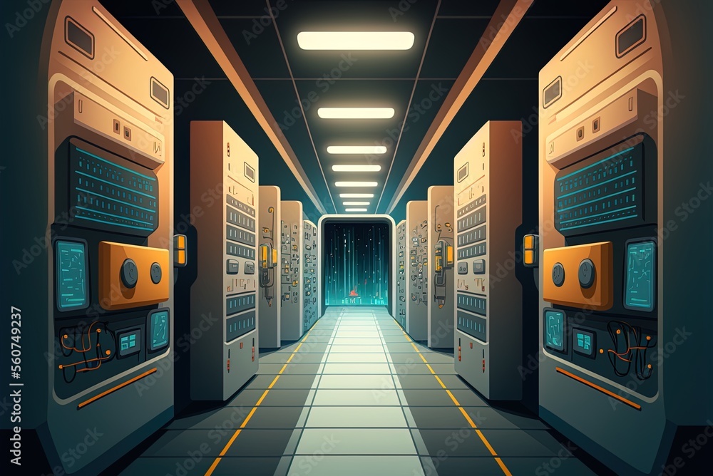 Poster spaceship corridor with cartoon server racks. generative ai