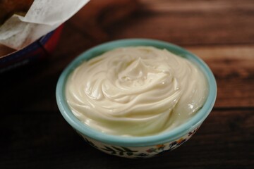 Homemade Mayonnaise served in a bowl close up, selective focus