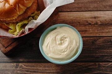 Homemade Mayonnaise served in a bowl close up, selective focus