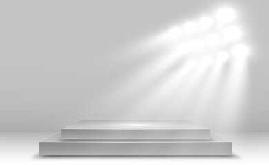 	
Podium, pedestal or platform, illuminated by spotlights in the background. Vector illustration. Bright light. Light from above. Advertising place