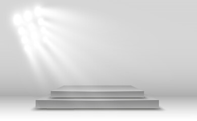	
Podium, pedestal or platform, illuminated by spotlights in the background. Vector illustration. Bright light. Light from above. Advertising place	