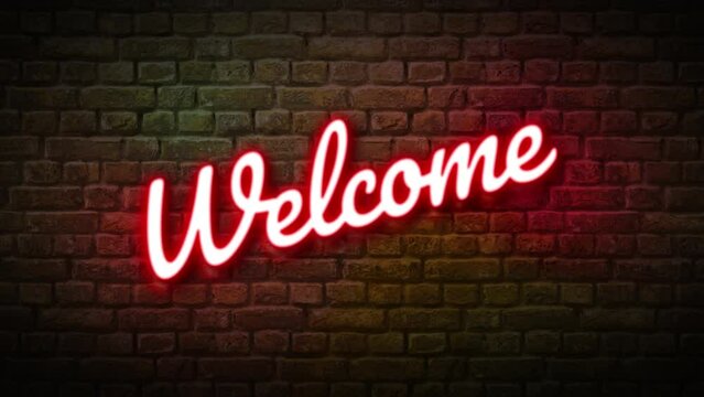 Welcome text neon with brick background, Led text animation