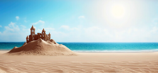 Holiday concept with sandcastle on the seaside, generative ai illustration
