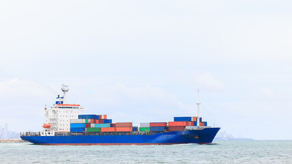container ship transporting cargo logistics import export goods international around the world including Asia Pacific and Europe, global business concept,