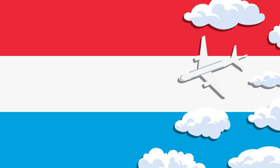 Luxembourg travel concept. Airplane with clouds on the background of the flag of Luxembourg. Vector illustration