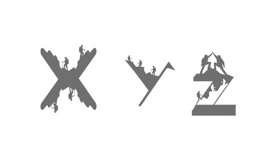 a,b,c,d,e,f,g,h,i,j,k,l,m,n,o,p,q,r,s,t,u,v,w,x,y,z, logo, hiker, trekking, vector, adventure, icon, outdoor, man, mountain, travel, silhouette, climber, typography, sport, text, active, graphic, back - obrazy, fototapety, plakaty