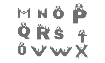 a,b,c,d,e,f,g,h,i,j,k,l,m,n,o,p,q,r,s,t,u,v,w,x,y,z, logo, hiker, trekking, vector, adventure, icon, outdoor, man, mountain, travel, silhouette, climber, typography, sport, text, active, graphic, back