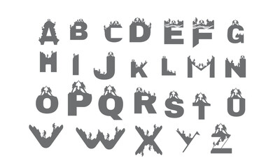 a,b,c,d,e,f,g,h,i,j,k,l,m,n,o,p,q,r,s,t,u,v,w,x,y,z, logo, hiker, trekking, vector, adventure, icon, outdoor, man, mountain, travel, silhouette, climber, typography, sport, text, active, graphic, back