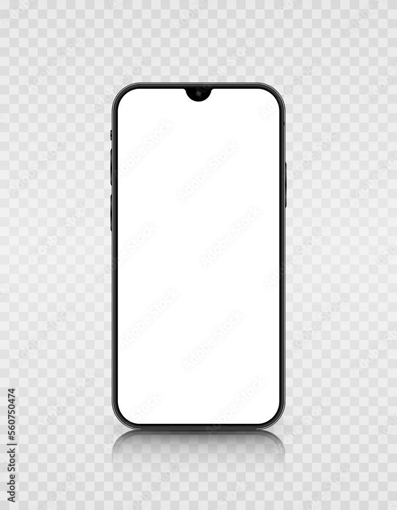 Poster a smartphone model with a white screen and a camera. realistic 3d mobile phone with shadow on transp