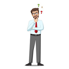 Thinking man surrounded by question mark