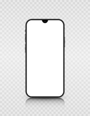 A smartphone model with a white screen and a camera. Realistic 3D mobile phone with shadow on transparent background. Front view of the device. Vector illustration.