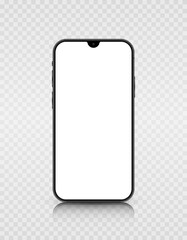 A smartphone model with a white screen and a camera. Realistic 3D mobile phone with shadow on transparent background. Front view of the device. Vector illustration.