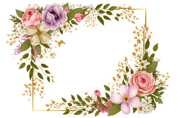 Golden frame with spring flowers isolated on transparent background