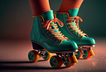 Close up of a womans feet wearing bright retro roller skates. Generative ai - obrazy, fototapety, plakaty