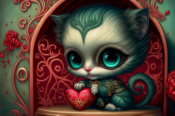 Adorable Cartoon Valentine Kitten with Green Eyes and a Green Suit Holding a Red Heart