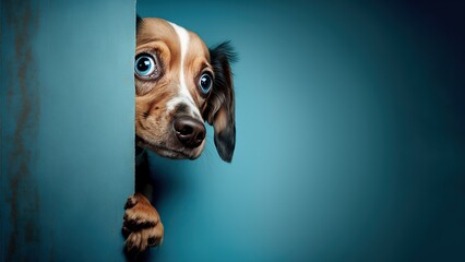 Homeless dog peeks cautiously around the corner of a worn blue wooden background, with copy space, created with Generative AI technology. Close-up.