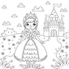 Page of coloring book with a girl and a princess on a background of a magic castle. Design for kids. Vector illustration in a cartoon style. - 560751808