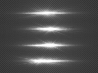 Set of silver horizontal lens flares, laser beams. Luminous abstract sparkling lines. White glowing star light explodes.