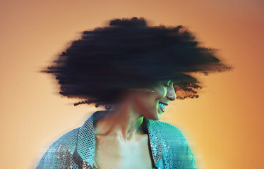 Black woman with hair blur, disco and dance with glitter fashion, movement with afro against studio background. Natural curly hair, dancing at party with happiness and fun, energy and retro mockup