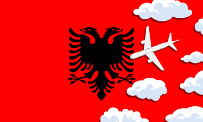 Albania travel concept. Airplane with clouds on the background of the flag of Albania. Vector illustration