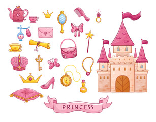 Big set of a beautiful castle and design elements. Accessories for a doll in a cartoon style. Vector illustration. - 560752836