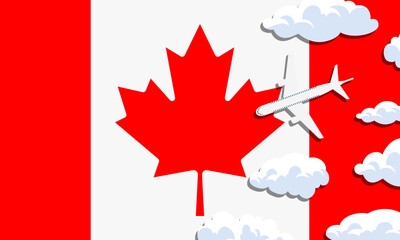 Canada travel concept. Airplane with clouds on the background of the flag of Canada. Vector illustration