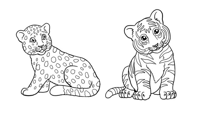 Cute leopard and tiger babies to color in. Template for a coloring book with funny animals. Coloring template for kids.
